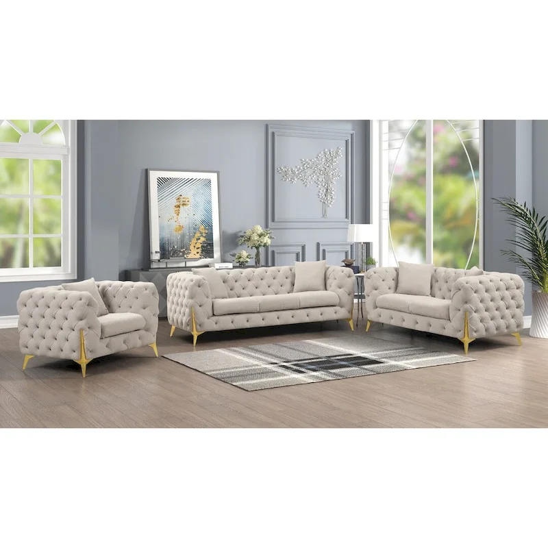 3 Pieces Mid-century Modern Buckle Fabric Living Room Sofa Set Sectional