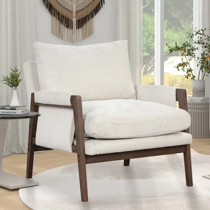 White 35.4  Velvet Arm Chair with Rubber Wood Frame