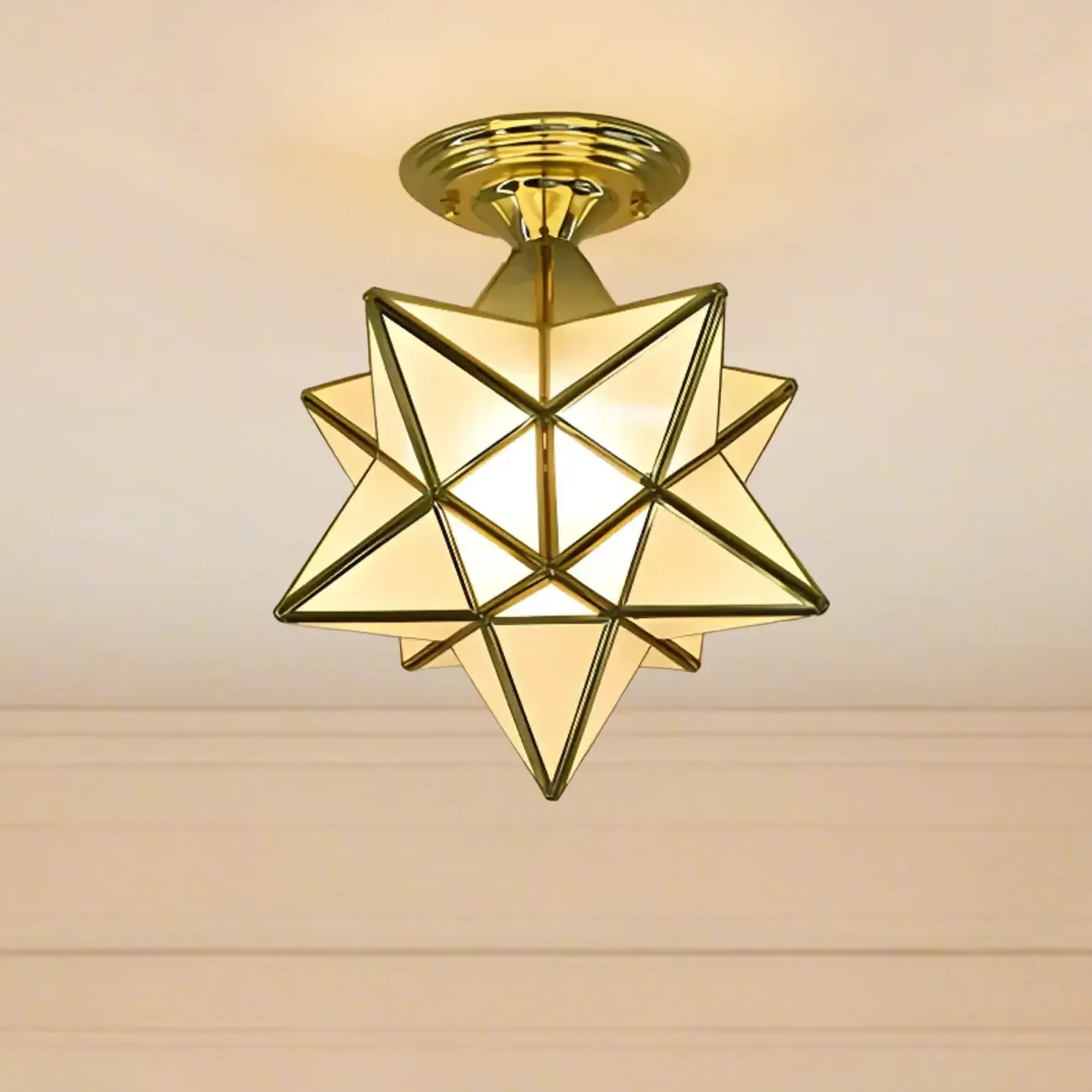 Colonial Style Gold Star Glass Shade Semi Flush Ceiling Light