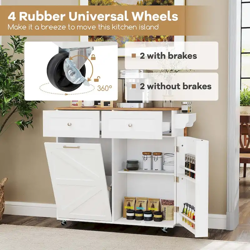 Drop-Leaf Rolling Kitchen Island Cart with Trash Cabinet & Storage – Black / White, Single