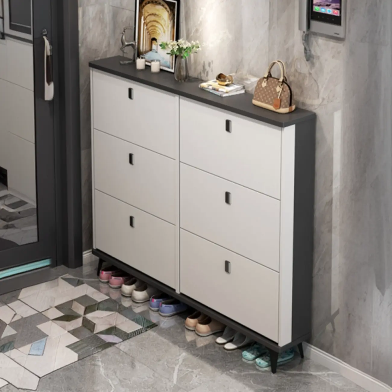 Modern Wood Shoe Cabinet with Adjustable Shelves, Entryway