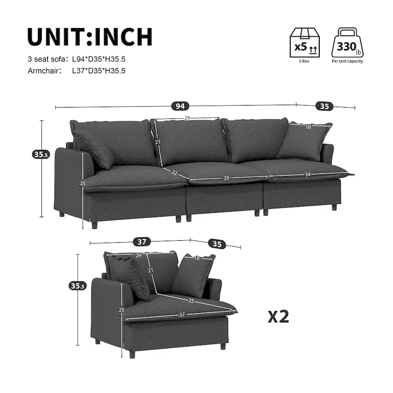 Modular Chenille Sectional Couch, Upholstered Sofa & 2 Armchairs