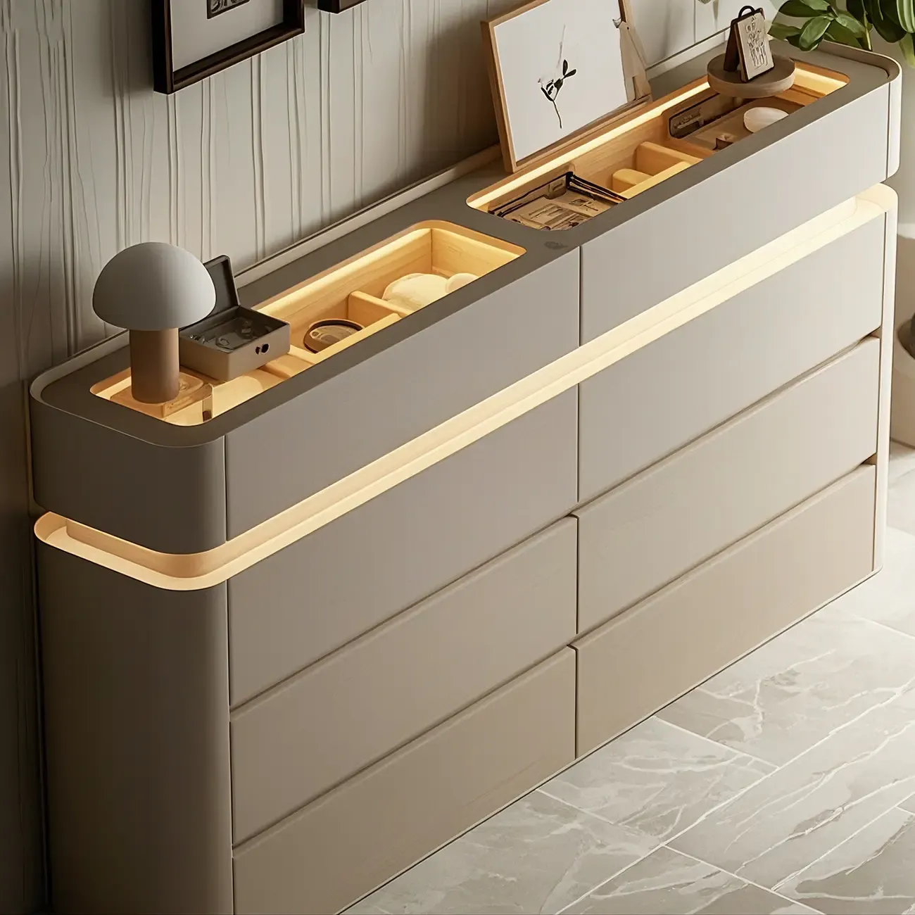 Cream Horizontal Wooden Double Dresser Lighting Included