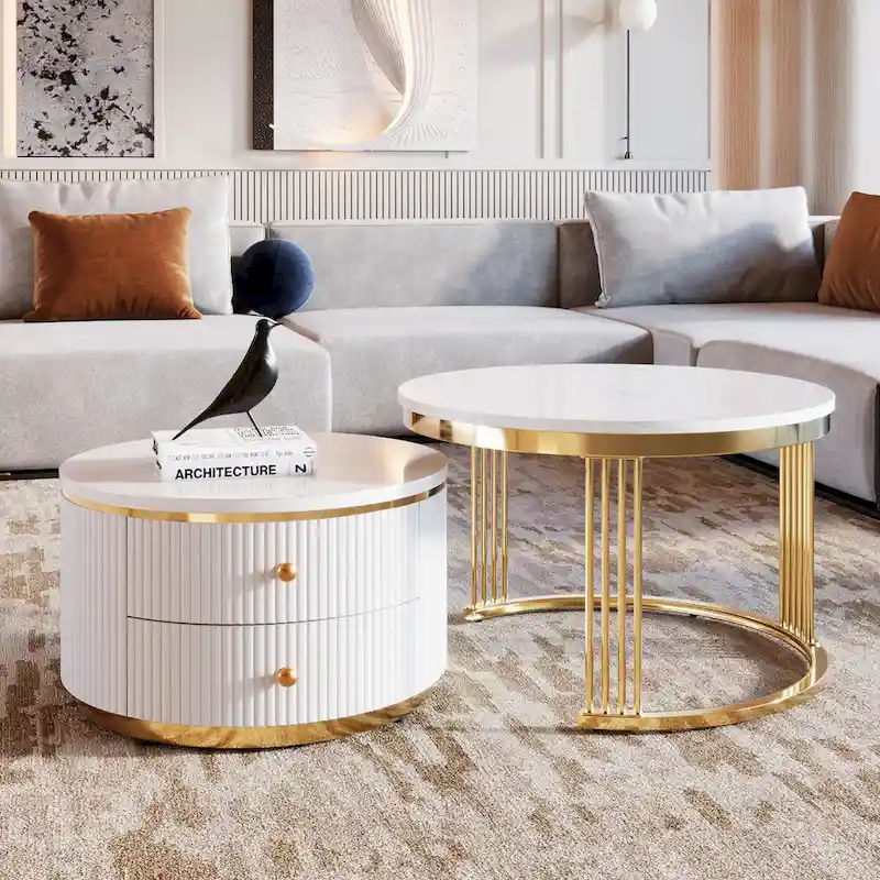 2 Pieces White Round Nesting Coffee Table with Drawers