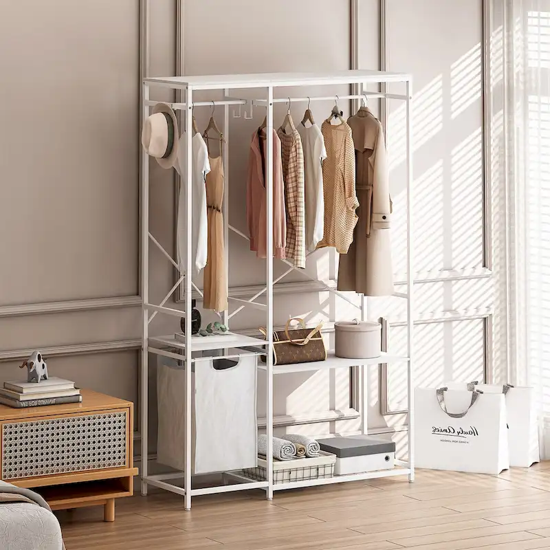 Freestanding Clothing Rack with Bottom Mesh Storage Rack