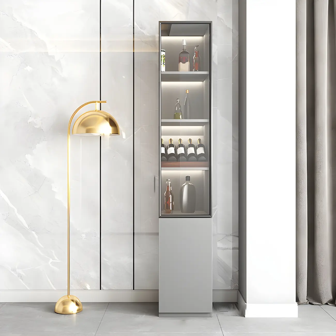 Grey Wooden Glass Doors Display Cabinet with Drawers