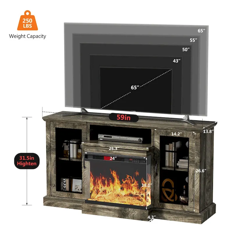 Fireplace TV Stand with All-Sided Glass Electric Fireplace