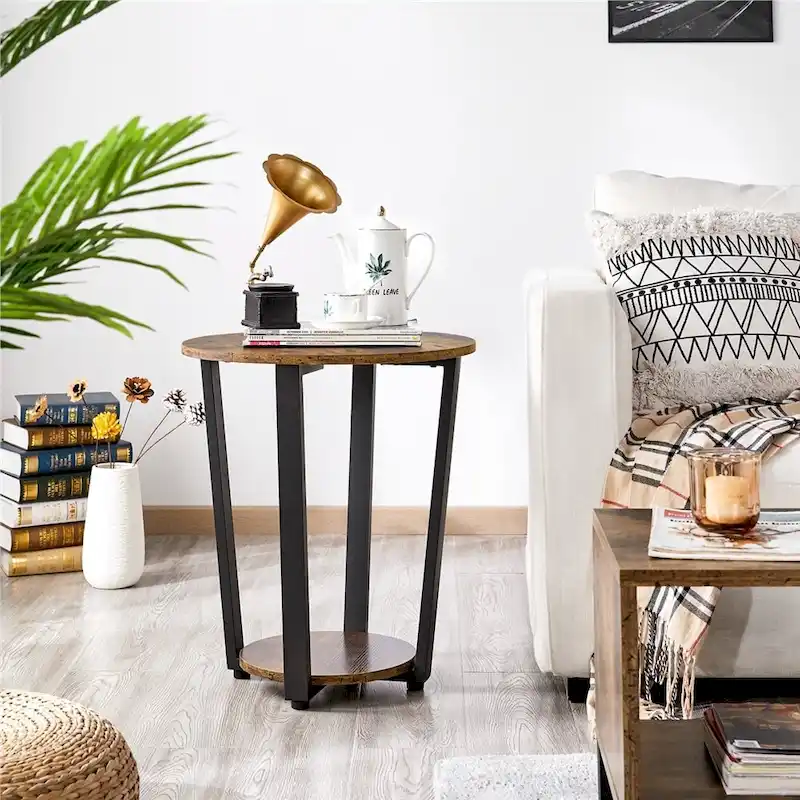 Metal Side Table Round End Table with Storage Rack
