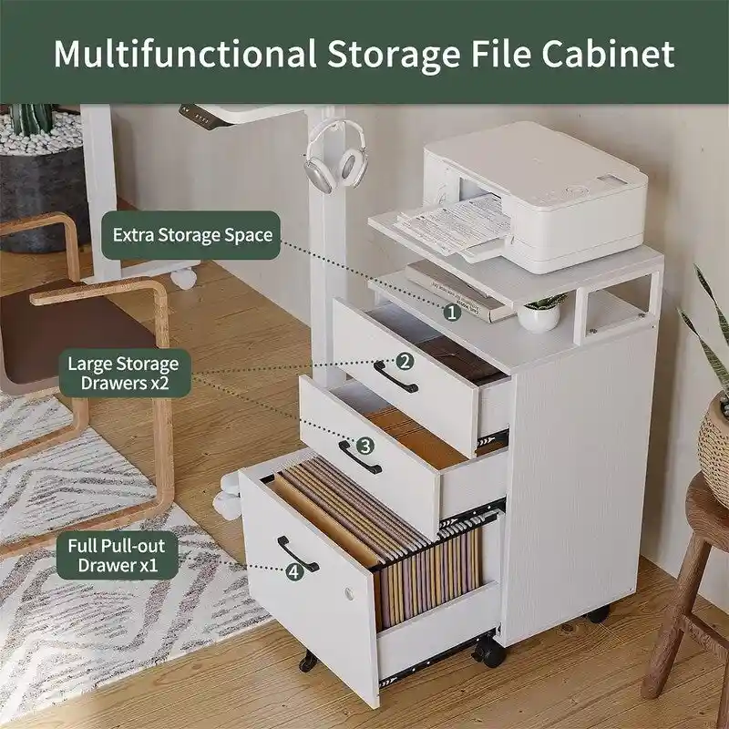 3-Drawer Rolling Filing Cabinet - 6.3D x 30.12W x 21.65H