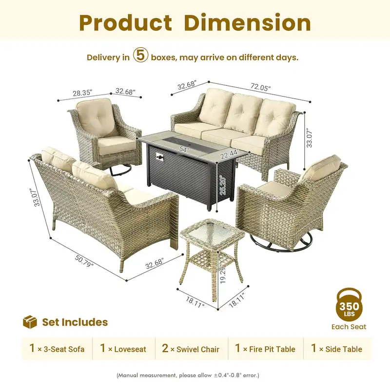 XIZZI 6-piece Patio Wicker Furniture Set with Fire Pit Table