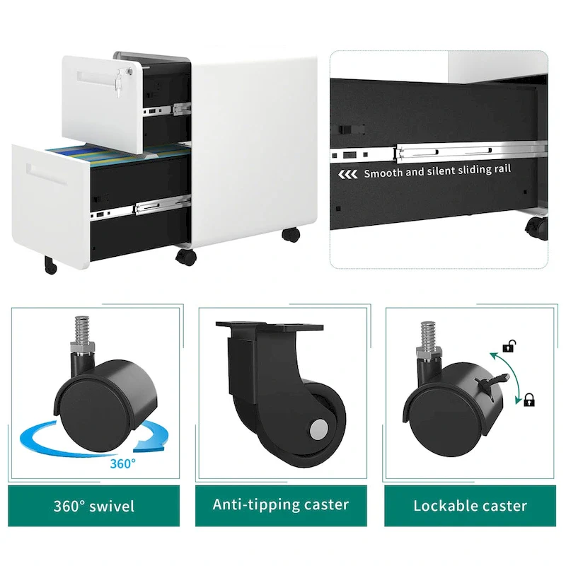 Black / White 2-Drawer Rolling Locking Steel File Cabinet – Single Unit