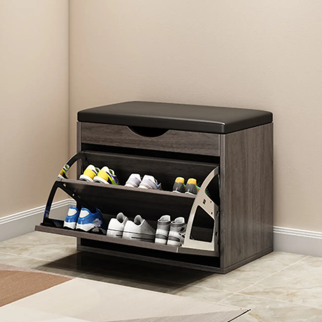 Entryway Drop Front Shoe Storage Bench with Flip-Top