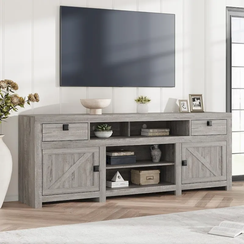Farmhouse TV Stand with Drop-Down Cabinets & Open Shelves – Grey, Fits up to 80 in.