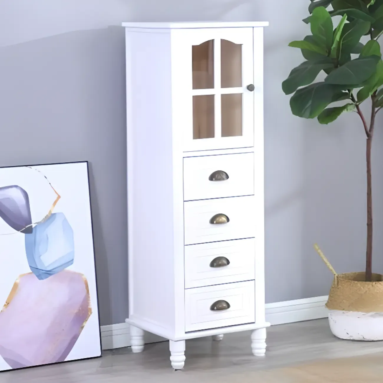 Freestanding Solid Wood White Cabinet with Drawers