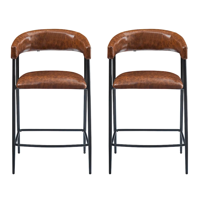 Roomfitters 26 PU Upholstered Counter Stools, Set of 2 Bar Height Chairs with Iron Frame, Backrest, Footrest and Arms, Brown
