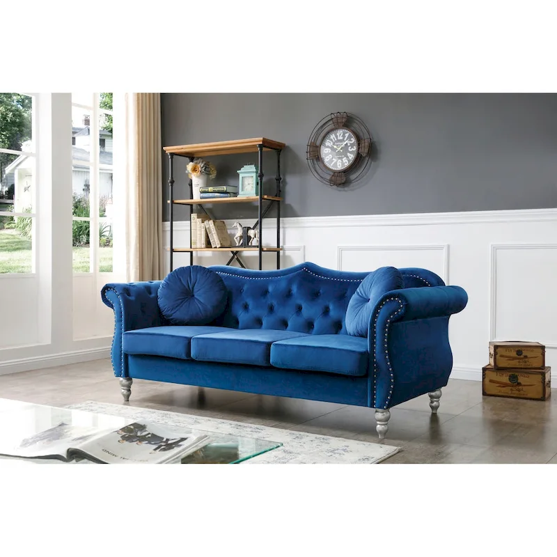 Hollywood 82 in. Velvet Chesterfield 3-Seater Sofa with 2-Throw Pillow - 82L x 35W x 34H