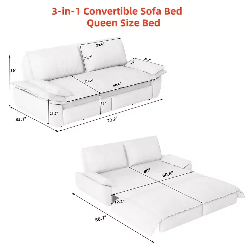 Whisen 3-in-1 Queen Velvet Sleeper Pull Out Sofa Bed, Convertible Loveseat Sofa Couch