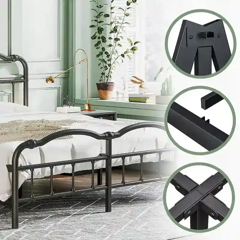 Heavy Duty Anti-Sway 18 Inch High Steel Tube Iron Bed, Double Wave Headboard And Footboard