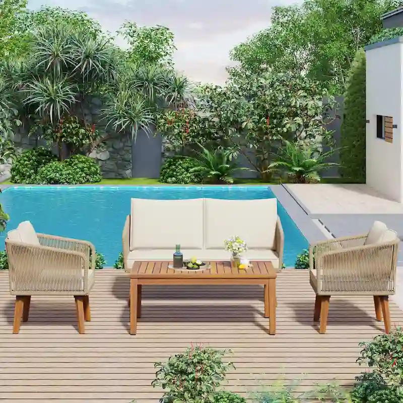 Mid-Century Modern 4-Piece Patio Set: Acacia Wood Loveseat, Chairs & Table