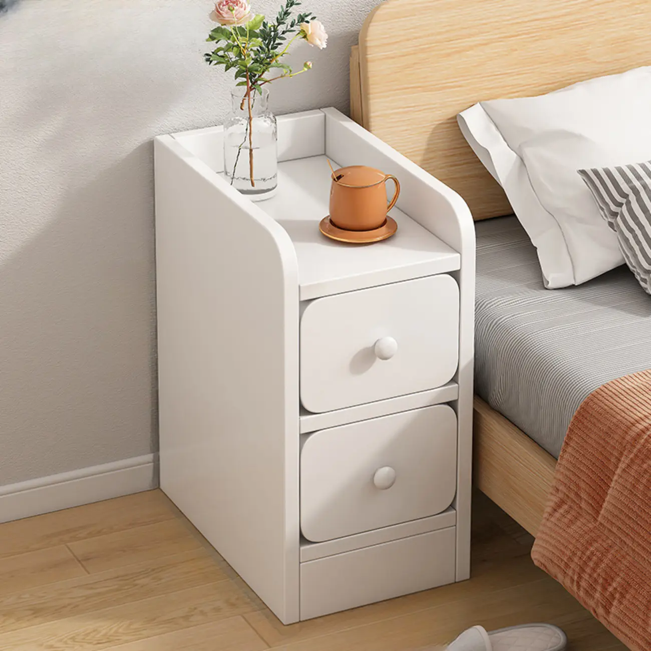 Simple White Natural Wood 2-Drawer Nightstand