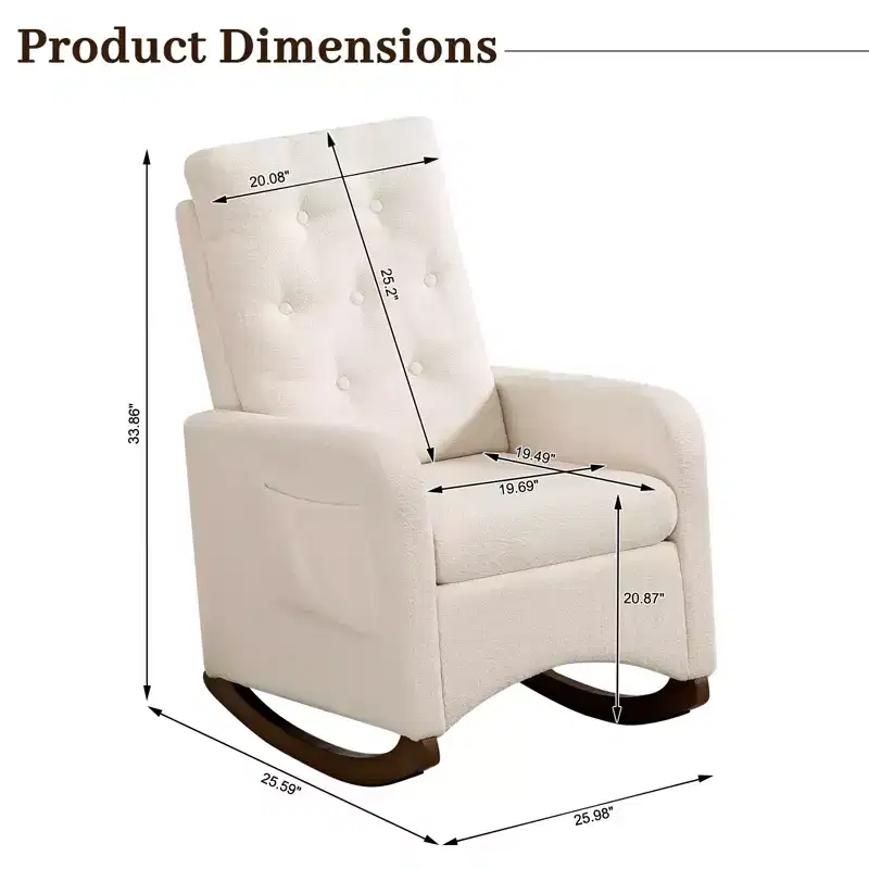 Upholstered Rocking Chair, Modern Wingback Accent Rocking Chair, Comfy Accent Armchair Chair, Rubber Wood Legs, High Backrest and Side Pocket