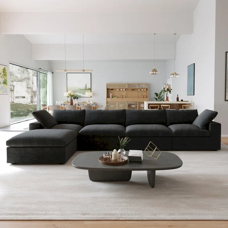 Black Commix Down Filled Overstuffed Sectional Sofa with Ottoman