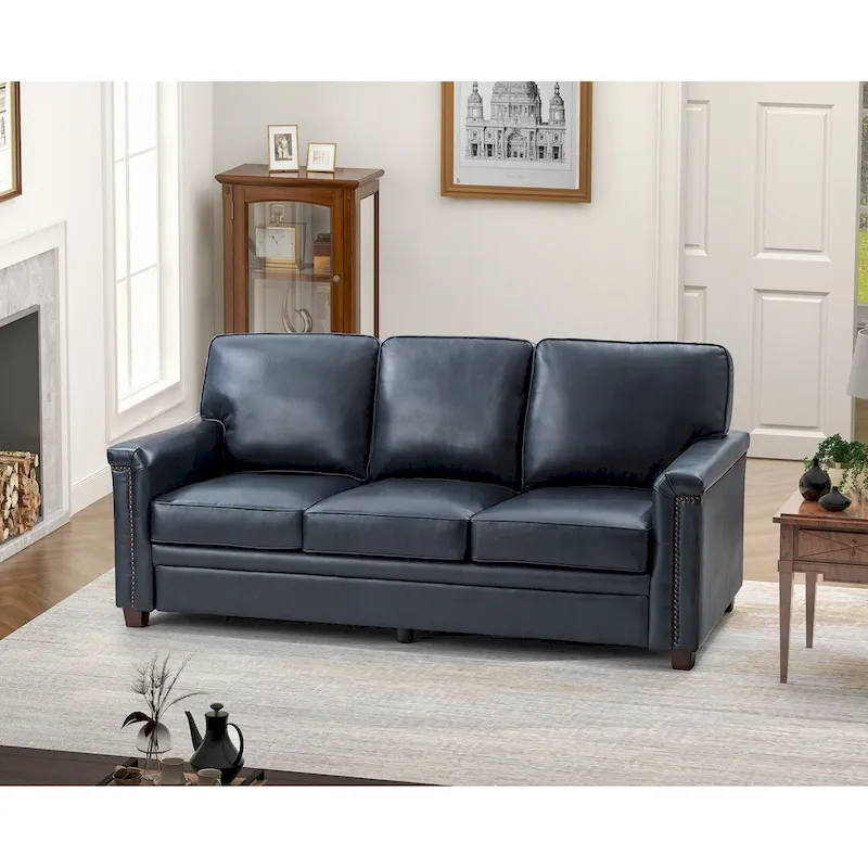 Rita Living Room 3-Seat Genuine Leather Sofa with Solid Wood Legs and Nailhead