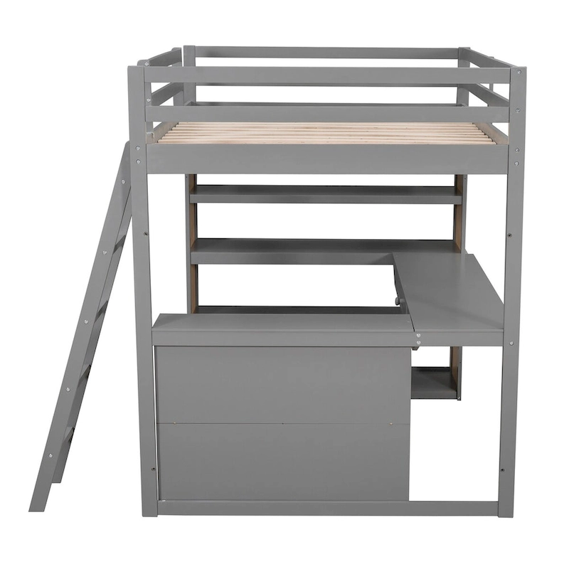 Gray Full Size Loft Bed with Ladder, Shelves, Desk, and Drawers