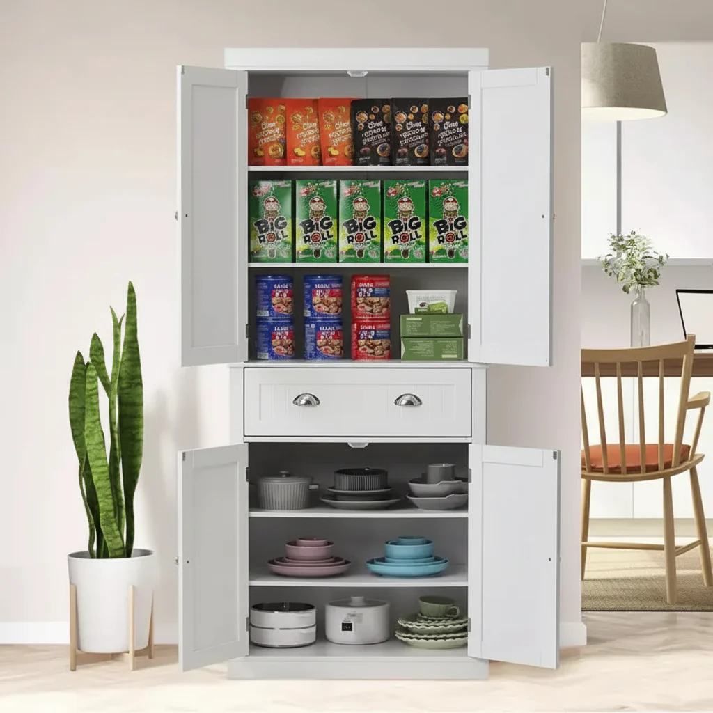 White Freestanding Kitchen Pantry Cabinet with 2 Doors, 2 Drawers & 6 Shelves