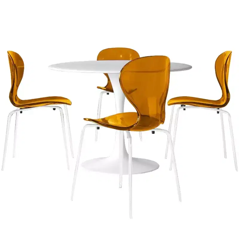 LeisureMod Bristol 5-Piece Dining Set Round Dining Table, 4 Plastic Dining Chairs White Legs