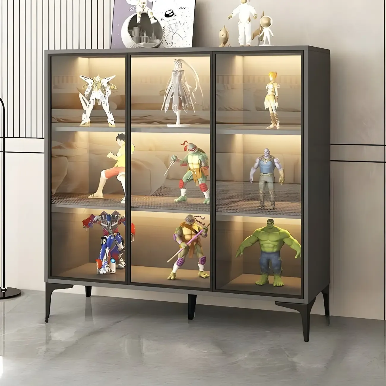 Freestanding Black Tempered Glass Wood Display Cabinet