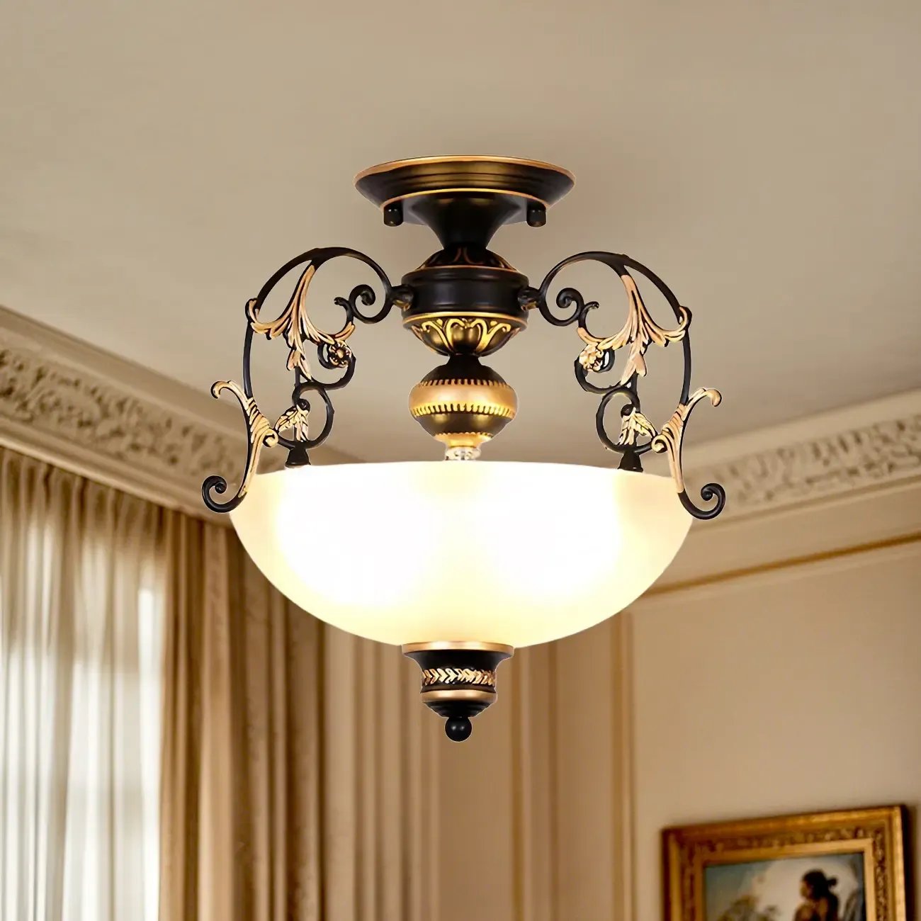 Vintage Metal Glass Dome Semi Flush Ceiling Light