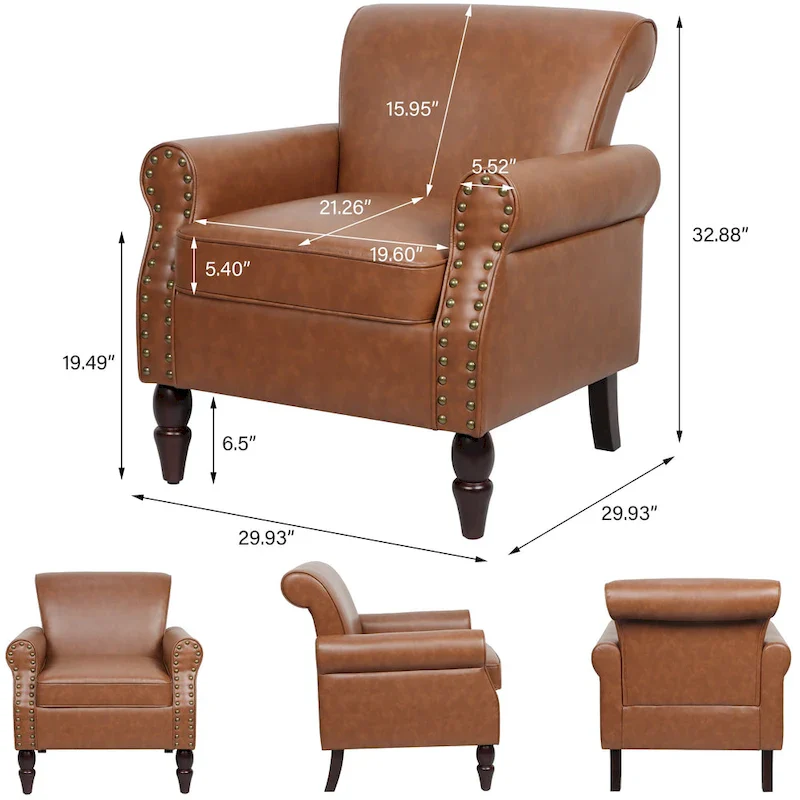 Rolled Armrests PU Accent Chair with Nailhead Trim