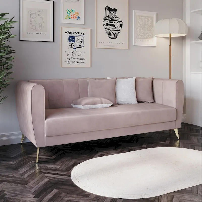 Scarlett Velvet Flared Arm 3-Seater Sofa with 4 Throw Pillow