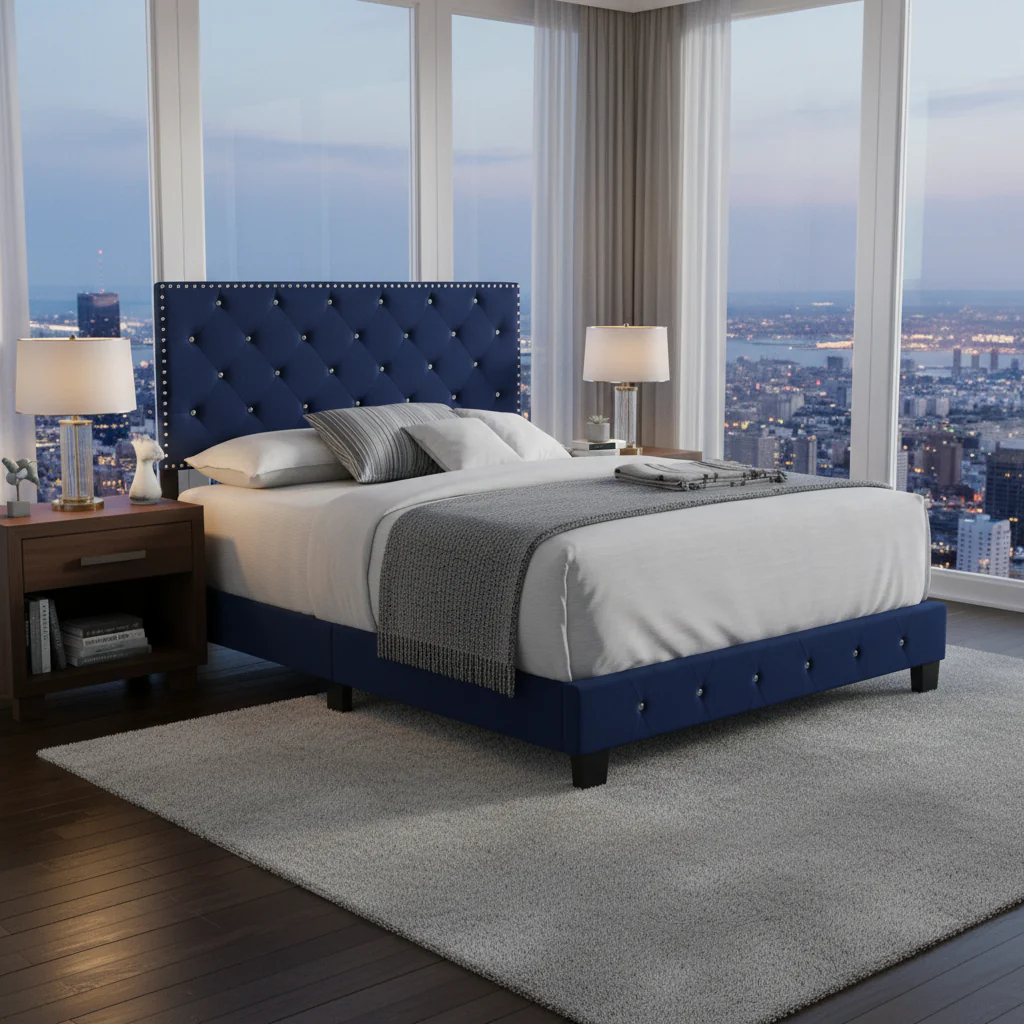 Velvet Tufted Faux Jewel Upholstered Full Panel Bed - 77 - Blue