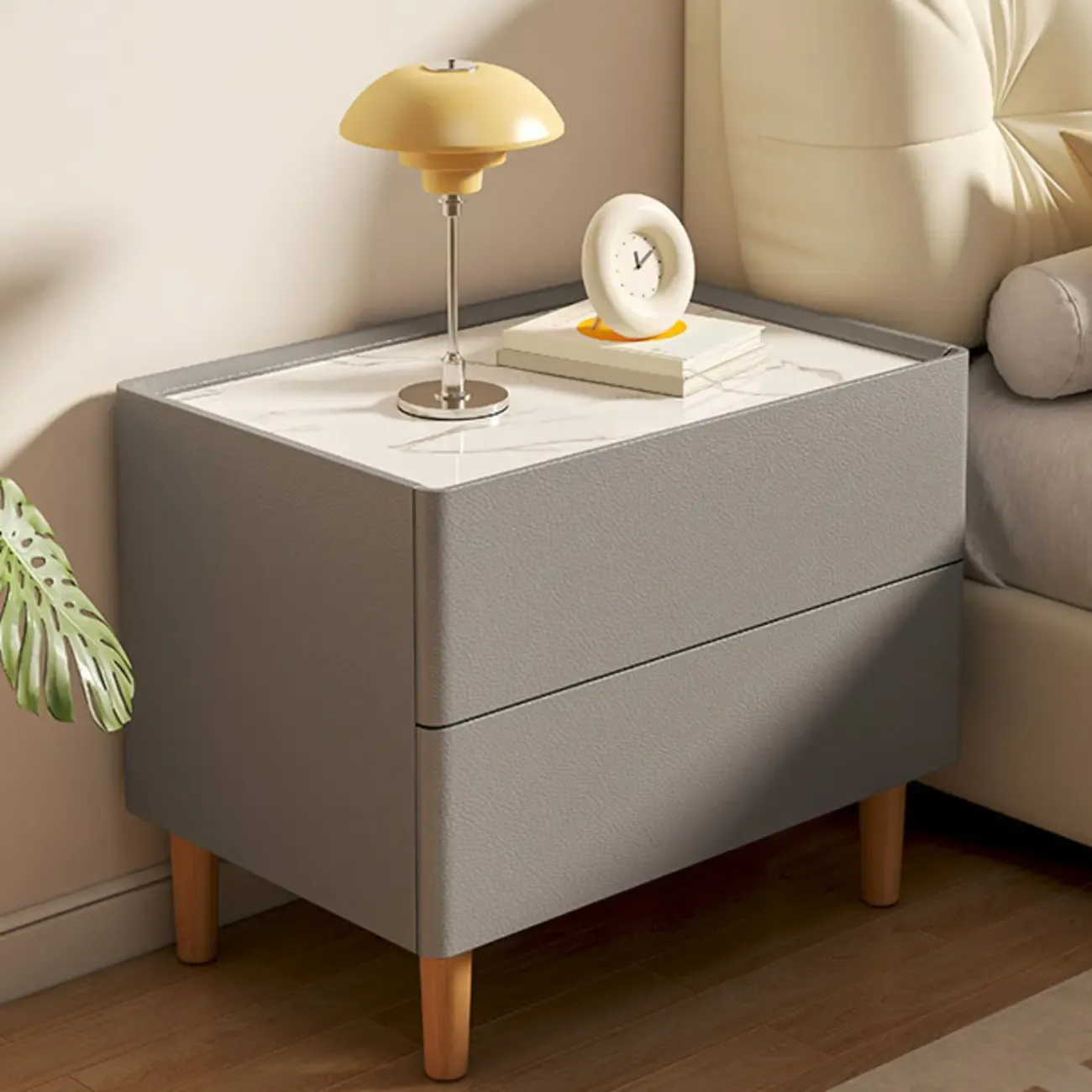 Modern White Sintered Stone Top Leather Drawers Nightstand
