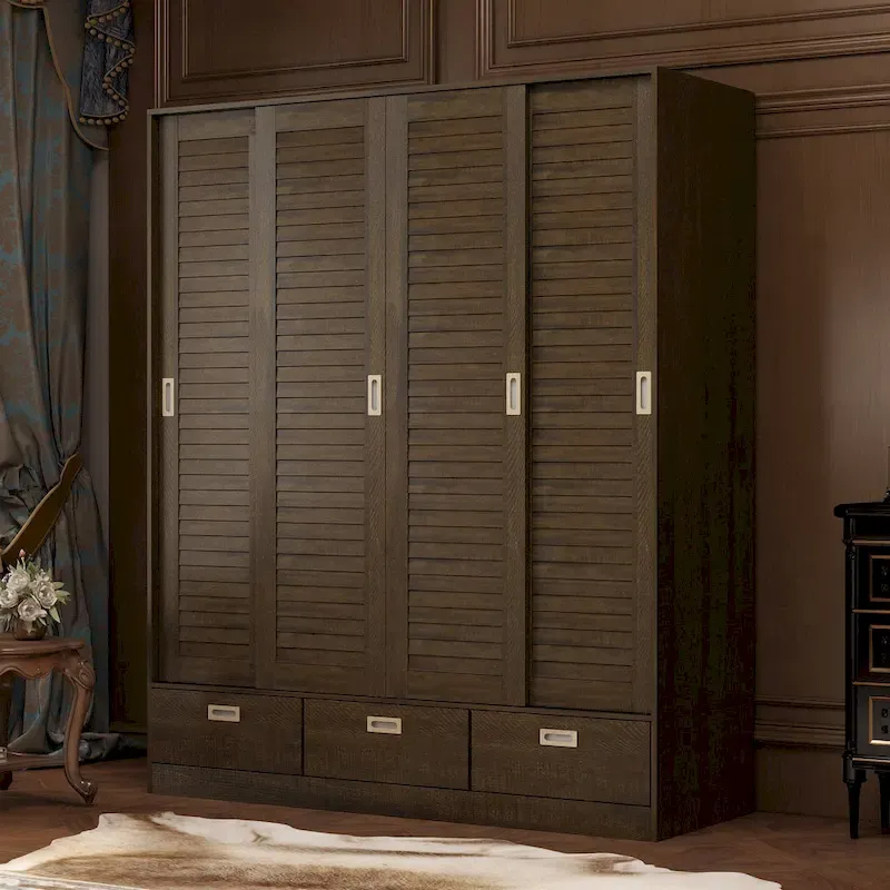 Brown Wood Grain Wardrobe with Drawers, Hanging Rod 4 Sliding Doors
