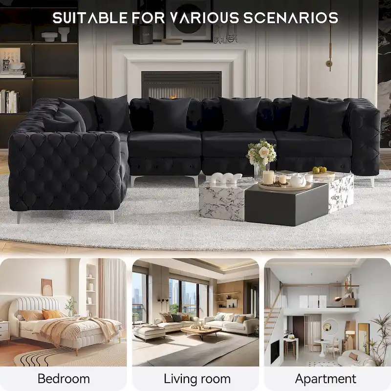 Large L-Shaped Modular Sofa, 6-Seat Velvet Sectional Couch