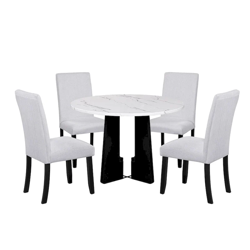 5 Piece Kitchen Table and Chairs Set, 4 People Round Dining Table Set, 4 Upholstered Chairs with Rubber Wood Legs