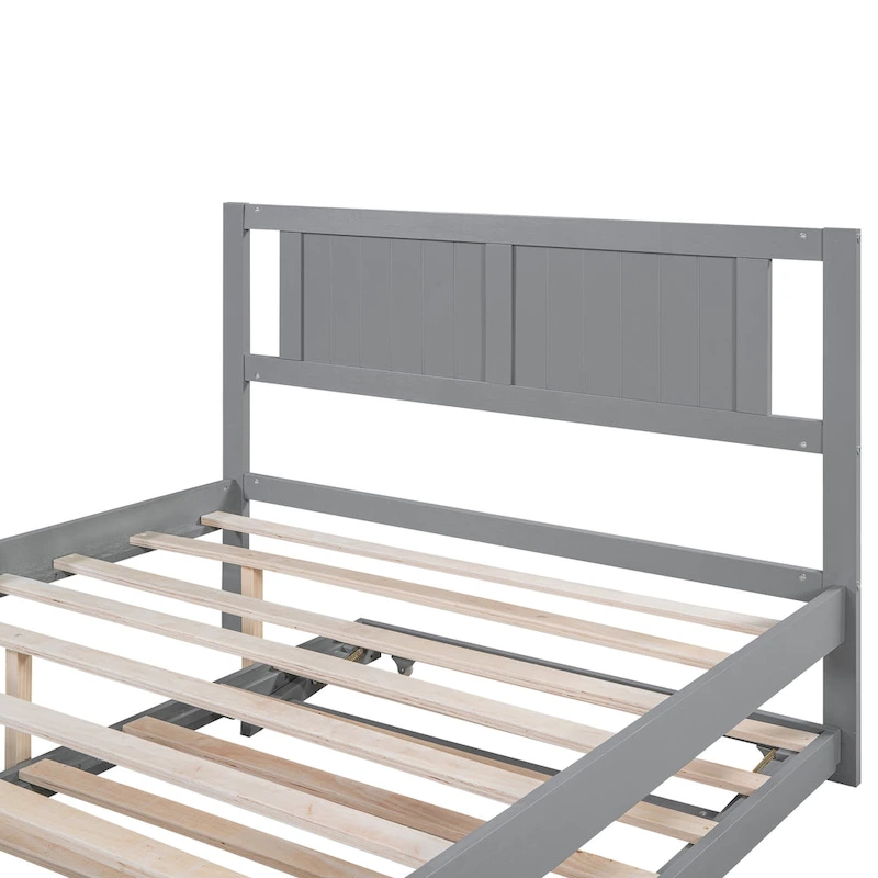 Grey Wood Full Size Platform Bed with Adjustable Trundle