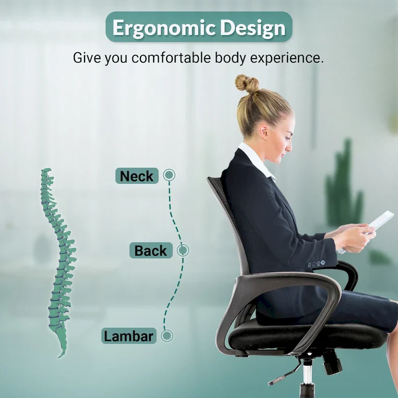 Ergonomic Swivel Office Chair, Black, Mesh Back, Adjustable Height, Seats 1
