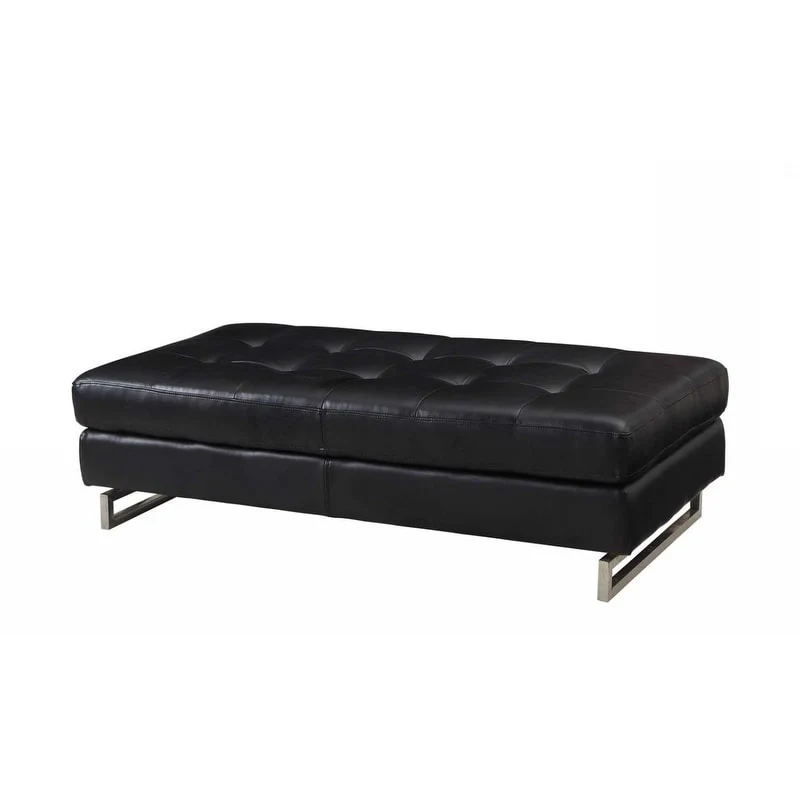 HomeRoots 63 Black Tufted Faux Leather and Silver Ottoman