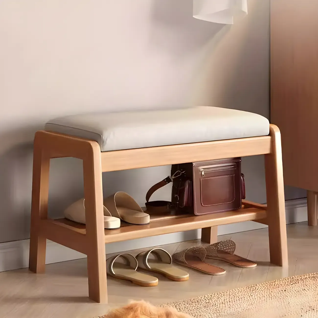 Entryway Solid Wood Cushioned Trapezoid Shoe Bench
