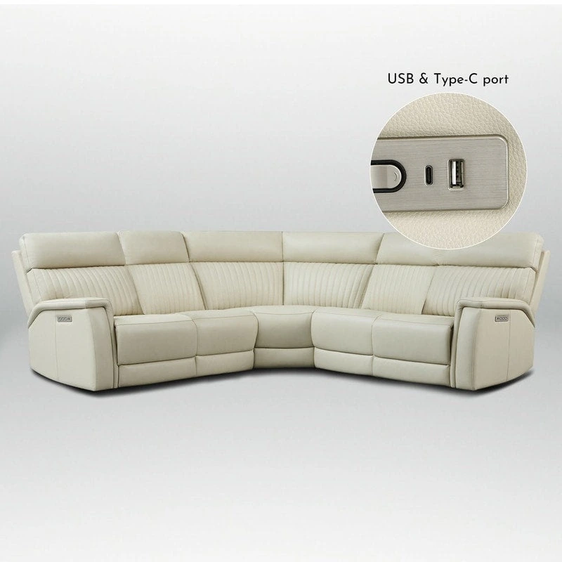 Genuine Leather Power Recliner Sectional with Power Ajustable Headrest and Lumbar, Zero Gravity, 2StationaryArmlesschairs