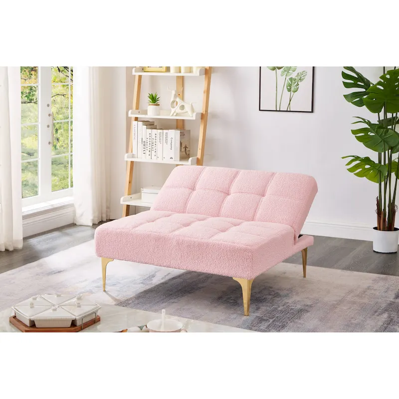 Convertible Futon Teddy Fabric Sofa Bed With Gold Metal Legs