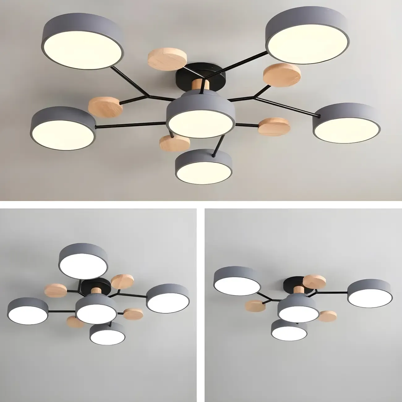 Large Gray Round Metal Semi-Flush Ceiling Light, 7-Light