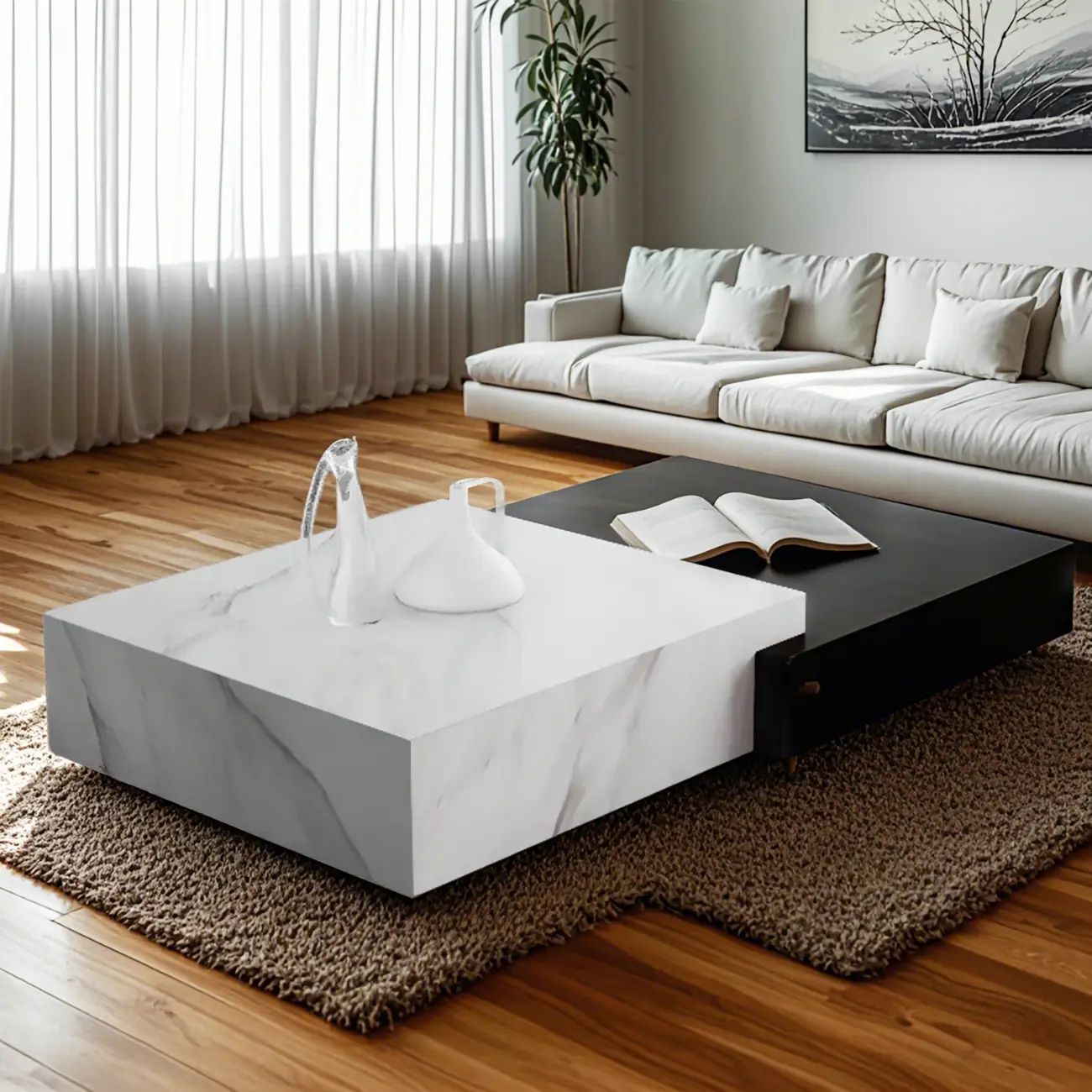 Modern Marble Nesting Coffee Table Set in Black and White