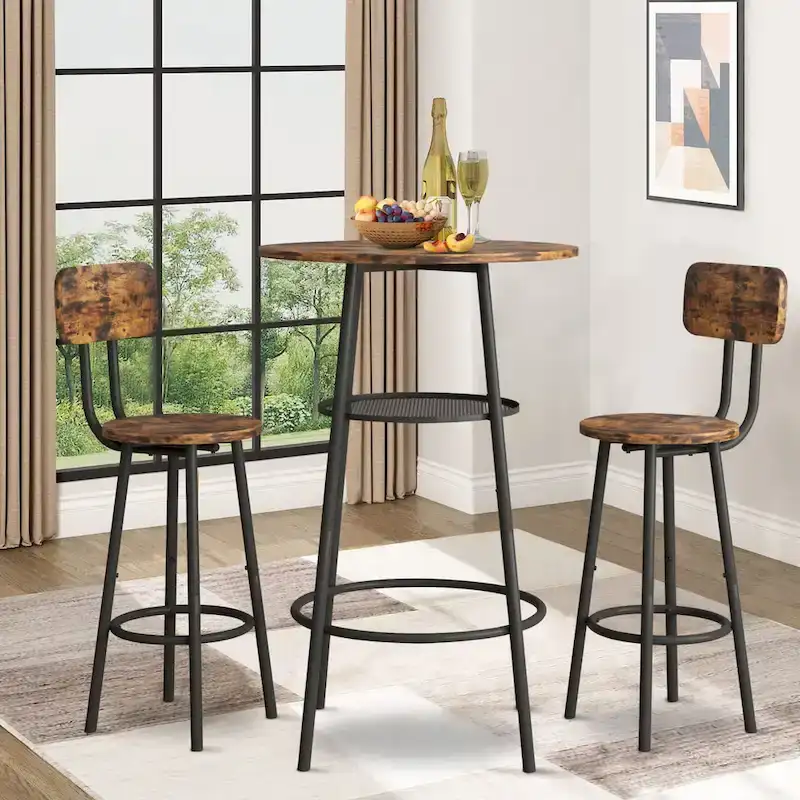 3-Piece Bar Table Set for 2, 2-Tier Round Bistro Dining Table Set