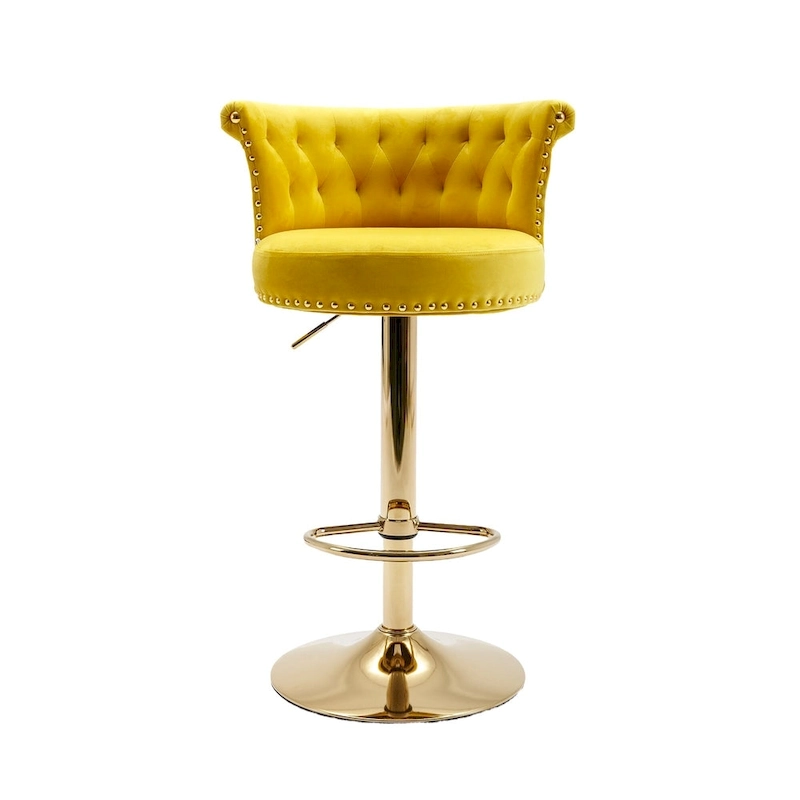 Velvet Upholstered Tufted Nailheads Swivel Adjustable Height Bar Stools With Golden Footrest(set of 2)