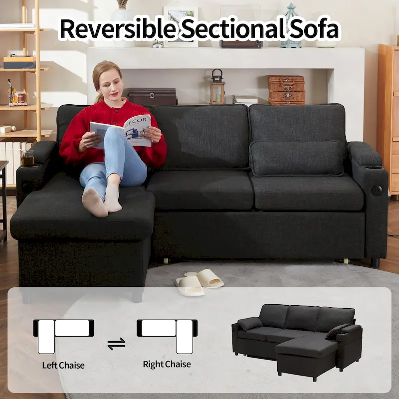 80 L-Shaped Sofa Couch Bed, Sofa Sleeper with Pull Out Bed, Reversible Sleeper Sofa Bed